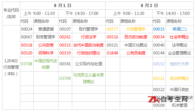 2020年4月广东自考行政管理本科专业考试安排