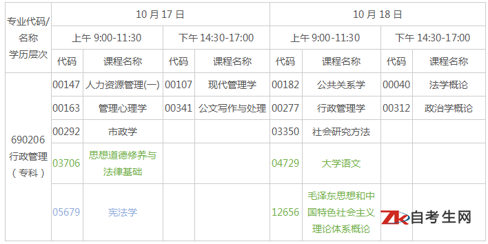 2020年10月广东自考行政管理专科专业考试安排